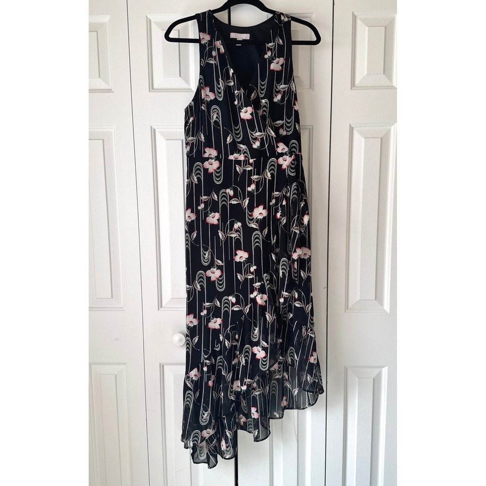 Chelsea28 Black Multi Ornamental Floral Faux Wrap High Low Midi Dress Medium NWT
